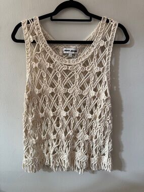 DKNY Open-Knit Cream Crochet Tank Top with Fringe